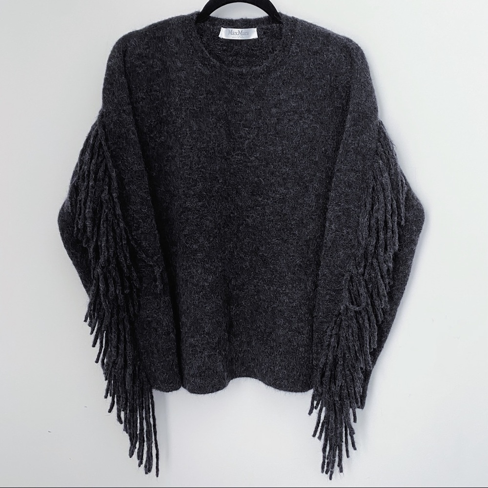 Max Mara Gray Mohair Wool Blend Knit Fringe Crewneck Sweater XL Bergdorfs